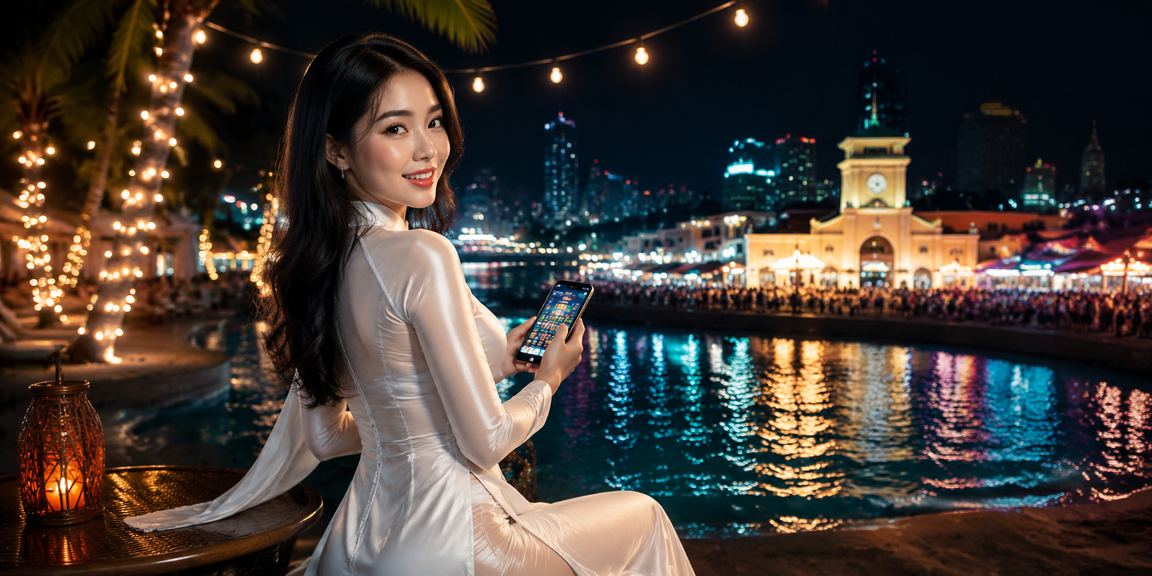 Không gian casino trực tuyến sang trọng tại TP. Hồ Chí Minh với người chơi áo dài